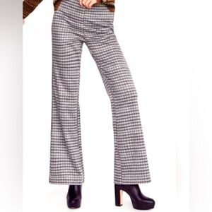 ZARA wool feel checkered brown black green wide leg trousers side zipper size S